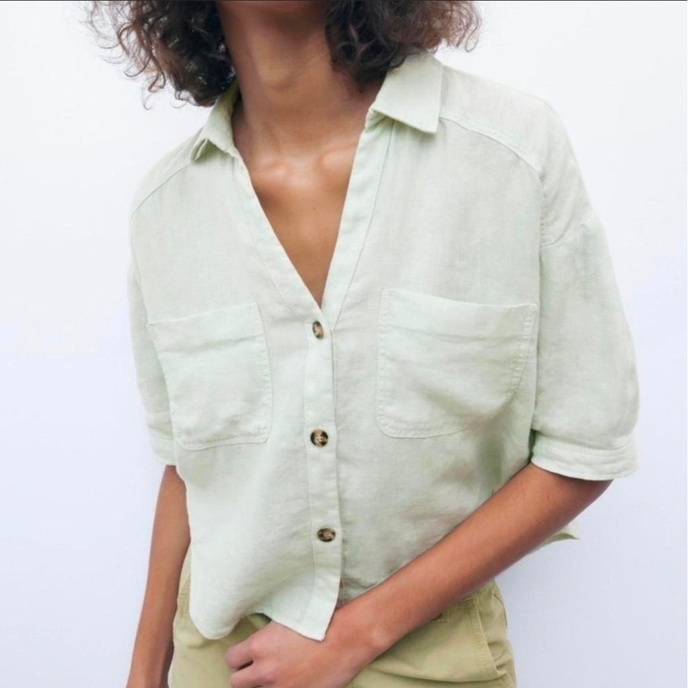 Zara Womens Sage Green 100% Linen Cropped Button Up Shirt 3/4 Sleeve Size M